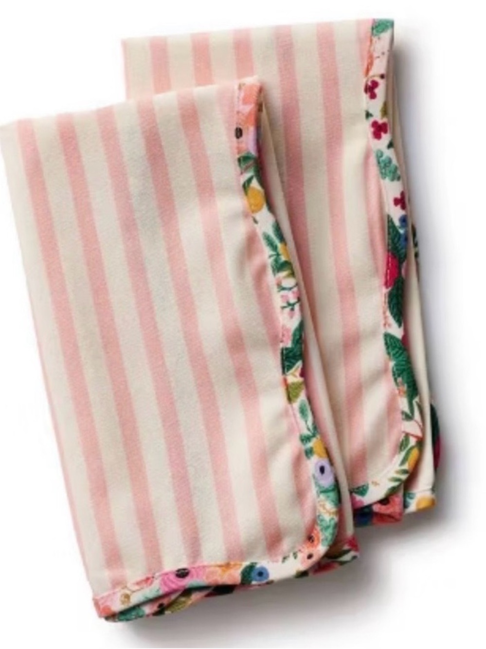 NWT Rifle Paper Co. Cloth Napkins (2pcs) Pink and Cream Striped with Floral Trim